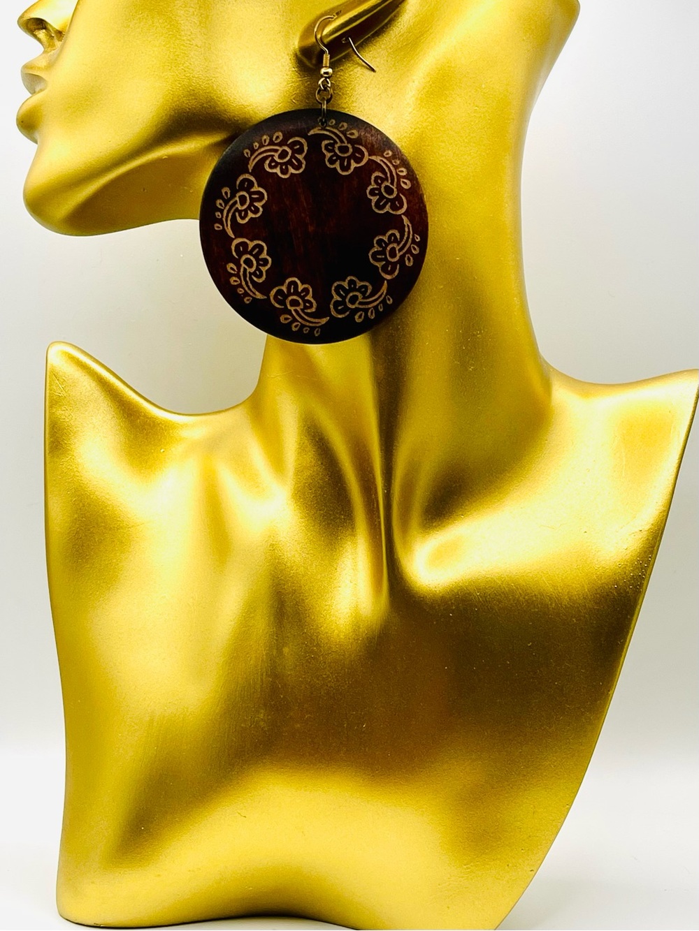 Huge Boho Earrings Dark Brown Engraved Wooden Drop Dangle Floral Wreath Vtg